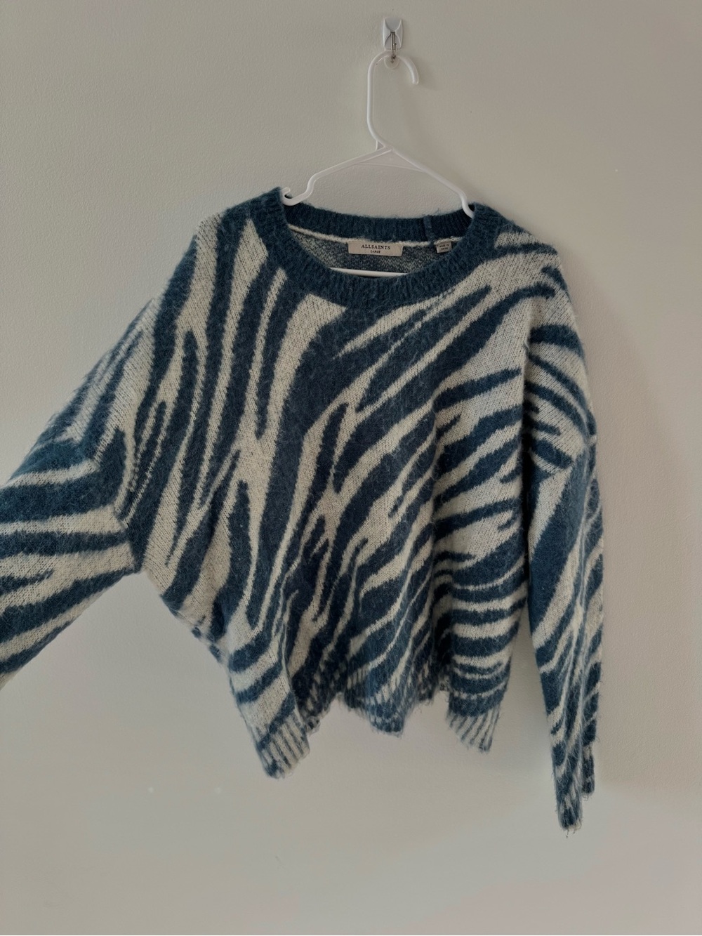 AllSaints Blue and Cream Zebra-Print Crewneck Sweater